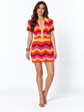 Pink Orange Zigzag Crochet Cardigan Mini Skirt Set Resort Vacation NWT M L Style